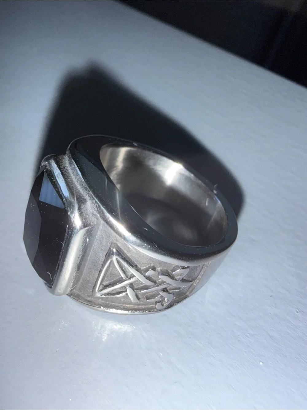 Men's Silver-Tone Ring with Black Faceted Stone